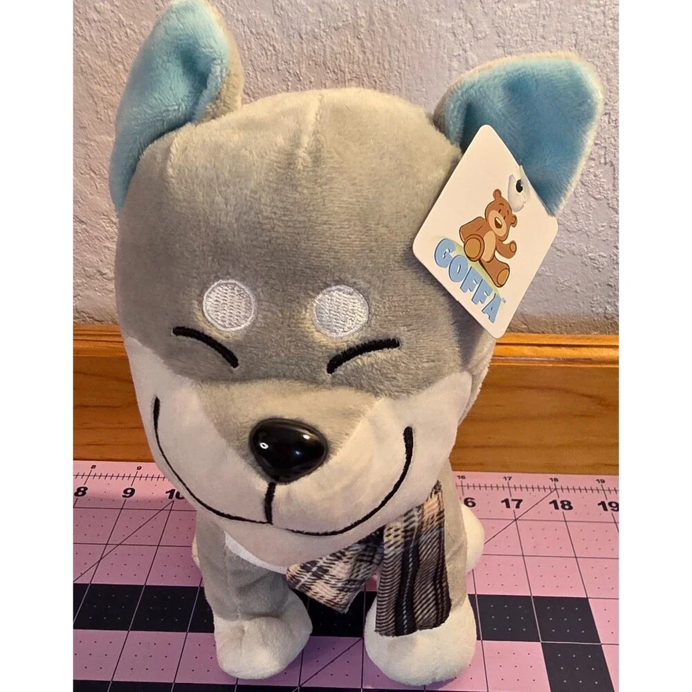 Goffa Gray Husky Wolf Plush Stuffed Animal Blue Ears Plaid Scarf NWT 8